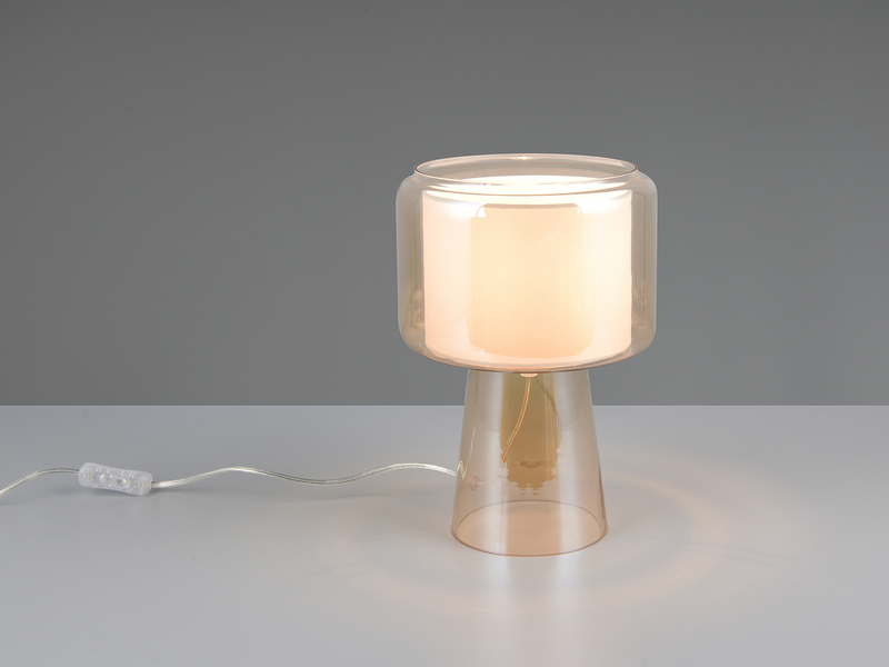 Tischlampe ROCKA aus Glas Bernsteinfarben mit Stoffschirm innen, Höhe 29cm
