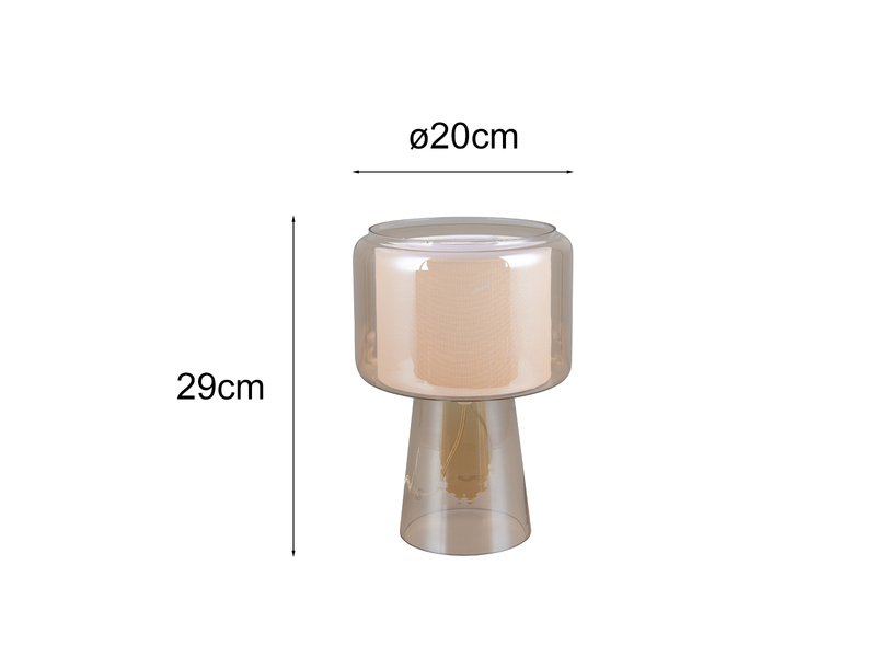 Tischlampe ROCKA aus Glas Bernsteinfarben mit Stoffschirm innen, Höhe 29cm