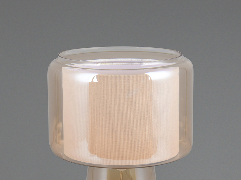 Tischlampe ROCKA aus Glas Bernsteinfarben mit Stoffschirm innen, Höhe 29cm