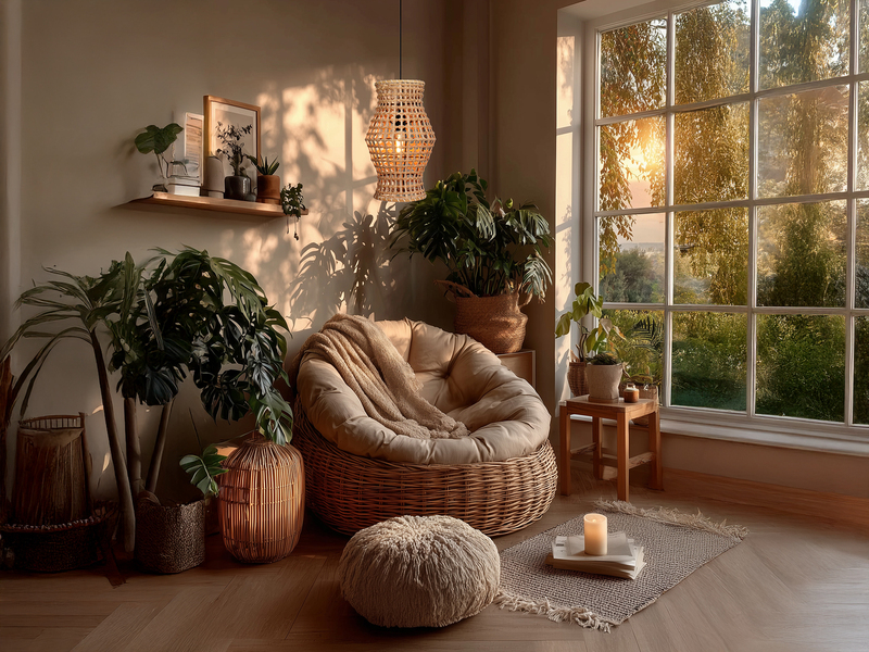 Pendelleuchte CAPELLA 1-flammig mit Lampenschirm aus Rattan, Ø 30cm