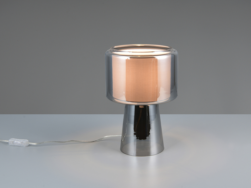 Tischlampe ROCKA aus Glas Silber Chrom mit Stoffschirm innen, Höhe 29cm