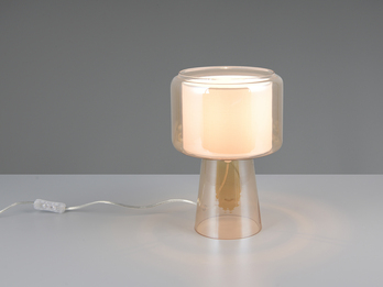 LED Tischleuchte aus Glas Bernsteinfarben mit Stoffschirm innen, Höhe 29cm