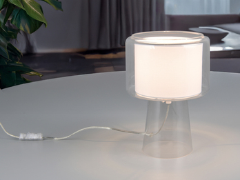 LED Tischleuchte aus Glas Transparent mit Stoffschirm innen, Höhe 29cm