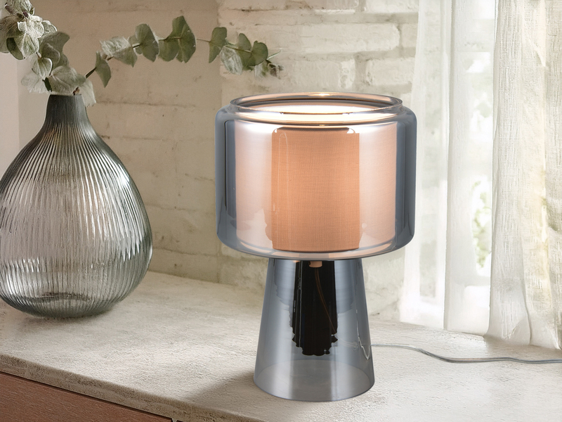LED Tischleuchte aus Glas Silber Chrom mit Stoffschirm innen, Höhe 29cm