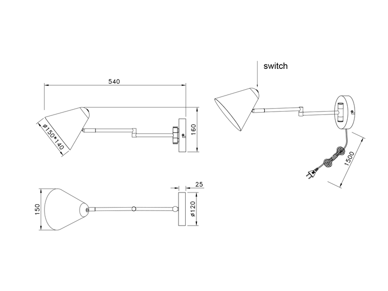 Wandlampe COSIMA mit Stecker, Schalter und Schwenkarm zum Lesen, Grau, Höhe 16cm
