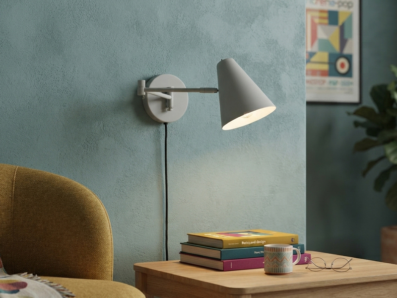 Wandlampe COSIMA mit Stecker, Schalter und Schwenkarm zum Lesen, Grau, Höhe 16cm