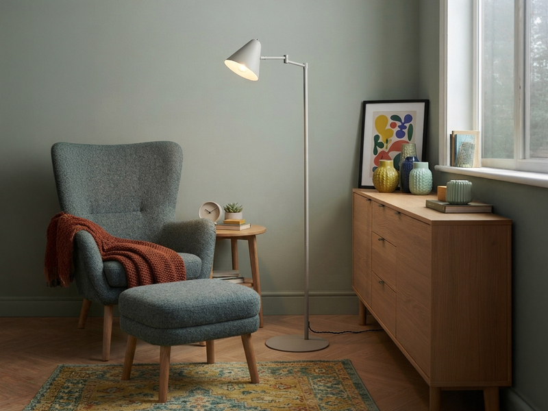 Kleine Stehlampe COSIMA mit Schwenkarm aus Metall Hellgrau, Höhe 126,5cm