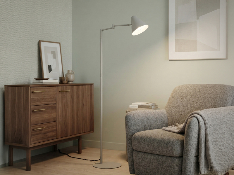 Kleine Stehlampe COSIMA mit Schwenkarm aus Metall Hellgrau, Höhe 126,5cm