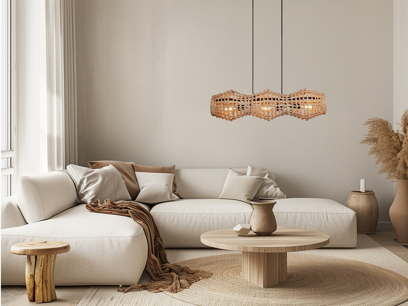 LED Pendelleuchte mit Lampenschirm aus Rattan, Breite 80cm