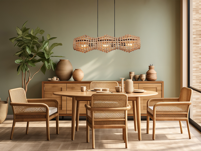 LED Pendelleuchte mit Lampenschirm aus Rattan, Breite 80cm