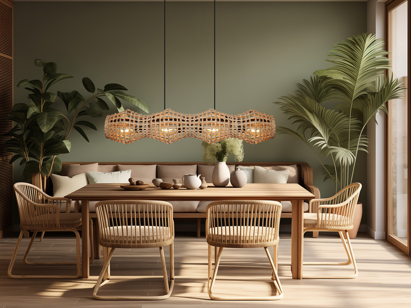 LED Pendelleuchte mit Lampenschirm aus Rattan, Breite 107cm