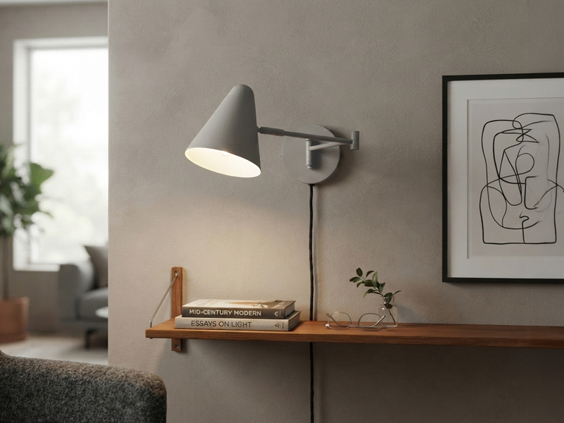 LED Wandleuchte mit Stecker, Schalter und Schwenkarm, Hellgrau, Höhe 16cm