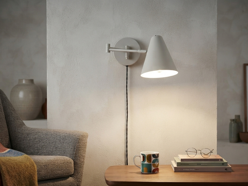 LED Wandleuchte mit Stecker, Schalter und Schwenkarm, Hellgrau, Höhe 16cm