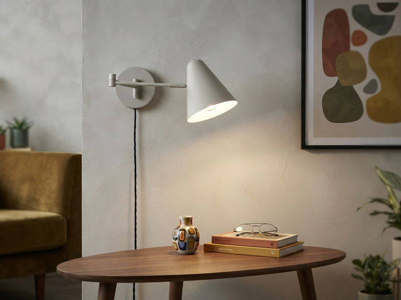 LED Wandleuchte mit Stecker, Schalter und Schwenkarm, Hellgrau, Höhe 16cm