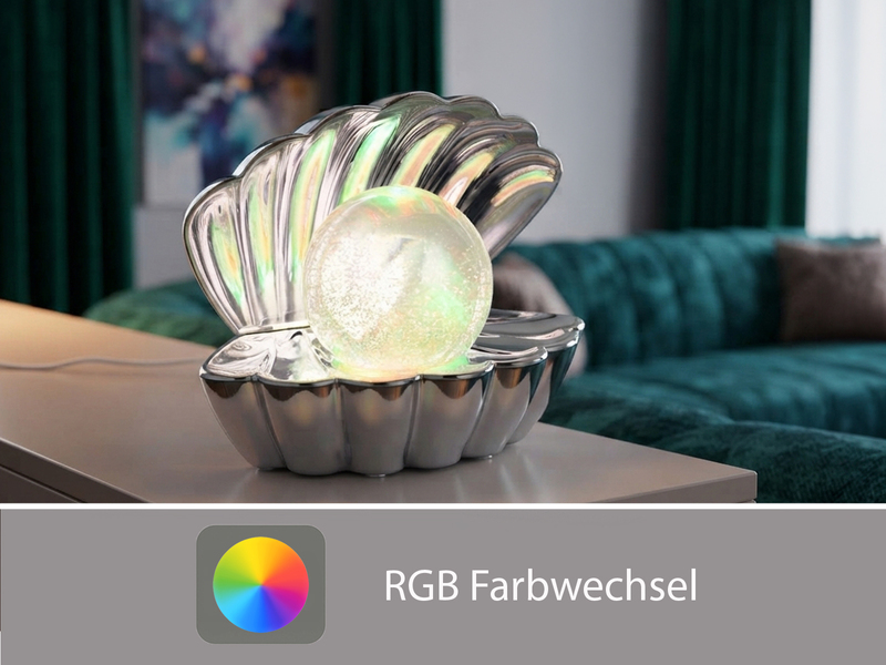 USB Muschel Tischlampe Silber Chrom mit RGB Beleuchtung, Höhe 14,5cm