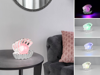USB Muschel Tischlampe Chrom glänzend mit RGB Beleuchtung, Höhe 14cm