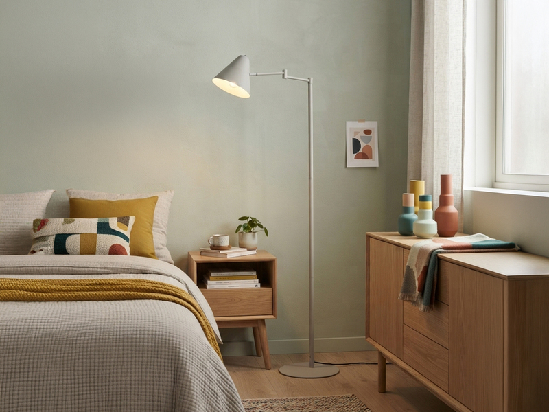 Kleine LED Stehleuchte mit Schwenkarm aus Metall Hellgrau, Höhe 126,5cm