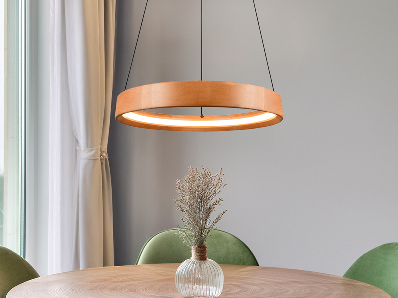 Dimmbare LED Ring Pendelleuchte LYNWOOD mit Naturholz Ø 50cm
