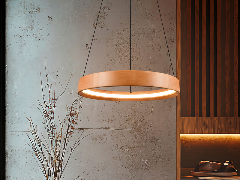 Dimmbare LED Ring Pendelleuchte LYNWOOD mit Naturholz Ø 50cm