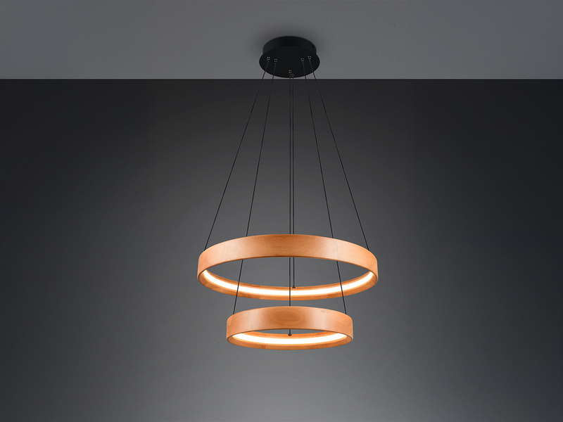 Große dimmbare LED Ring Pendelleuchte LYNWOOD mit Naturholz Ø 60cm