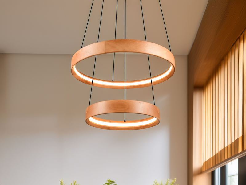 Große dimmbare LED Ring Pendelleuchte LYNWOOD mit Naturholz Ø 60cm
