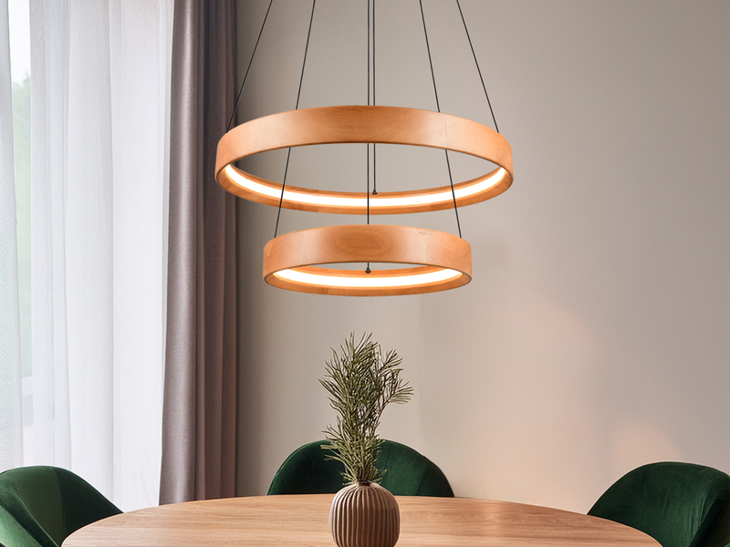 Große dimmbare LED Ring Pendelleuchte LYNWOOD mit Naturholz Ø 60cm