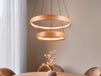 Große dimmbare LED Ring Pendelleuchte LYNWOOD mit Naturholz Ø 60cm