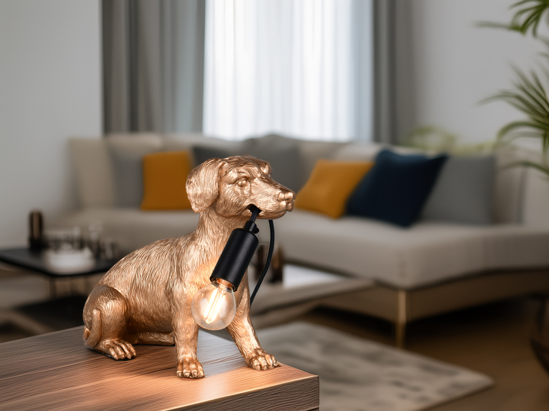 Witzige LED Tischleuchte besondere Hundelampe Gold, Höhe 23,5cm