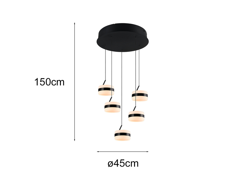 Cluster LED Pendelleuchte DIOS höhenverstellbar 5-flammig, Schwarz Ø 45cm
