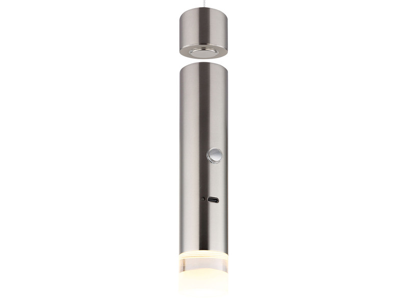 Akku Pendelleuchte PELO Silber, dimmbar, abnehmbarer Leuchtenkopf Ø 3,8cm