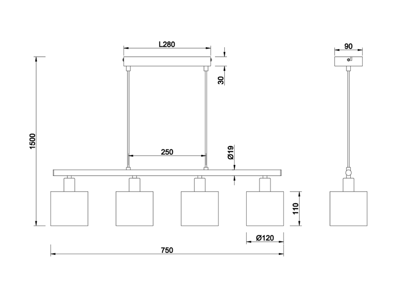 Pendelleuchte JASON 4-flammig mit Lampenschirmen Goldfarbig, Breite 75cm
