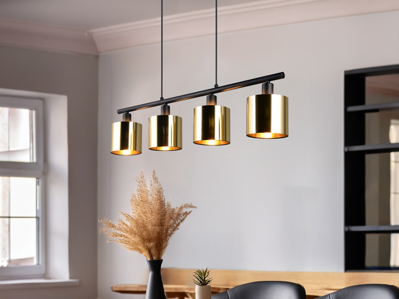 LED Pendelleuchte 4-flammig mit Lampenschirmen Goldfarbig, Breite 75cm