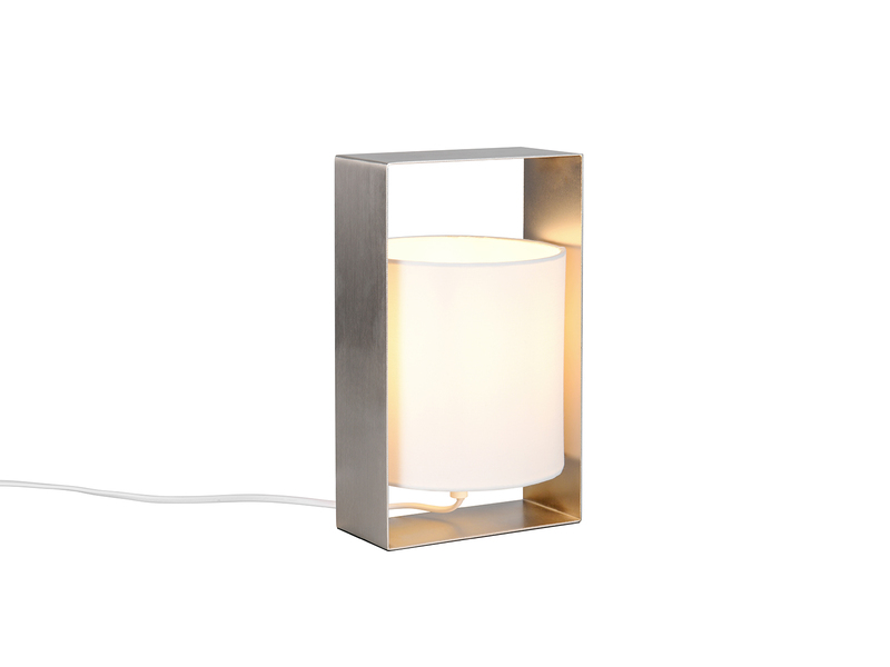 Moderne Tischlampe PAIL Metallrahmen Silber, Stoffschirm Weiß, Höhe 27cm