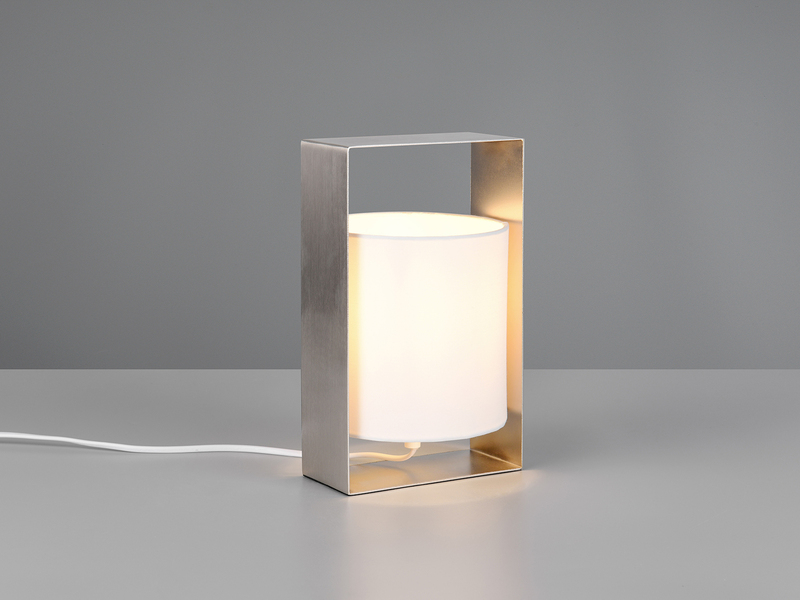 Moderne Tischlampe PAIL Metallrahmen Silber, Stoffschirm Weiß, Höhe 27cm