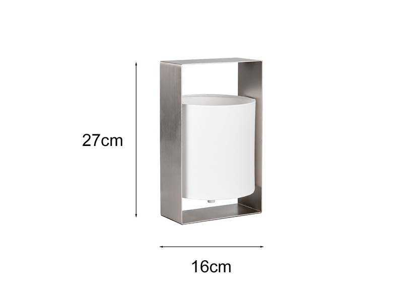 Moderne LED Tischlampe Metallrahmen Silber, Stoffschirm Weiß, Höhe 27cm