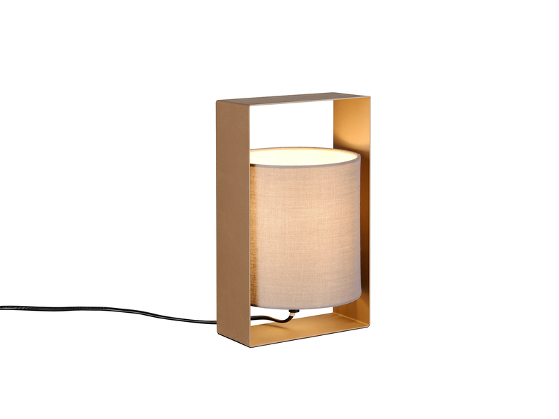 Moderne LED Tischlampe Metallrahmen Coffee, Stoffschirm Taupe, Höhe 27cm