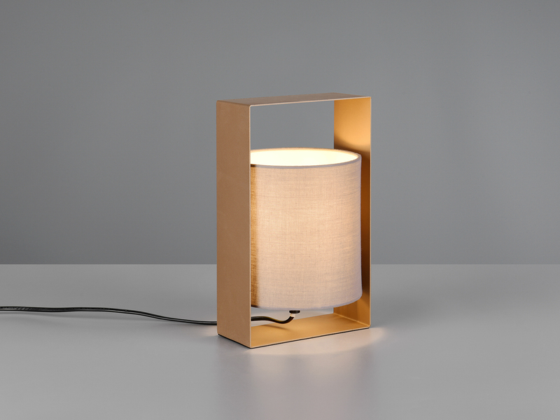 Moderne LED Tischlampe Metallrahmen Coffee, Stoffschirm Taupe, Höhe 27cm