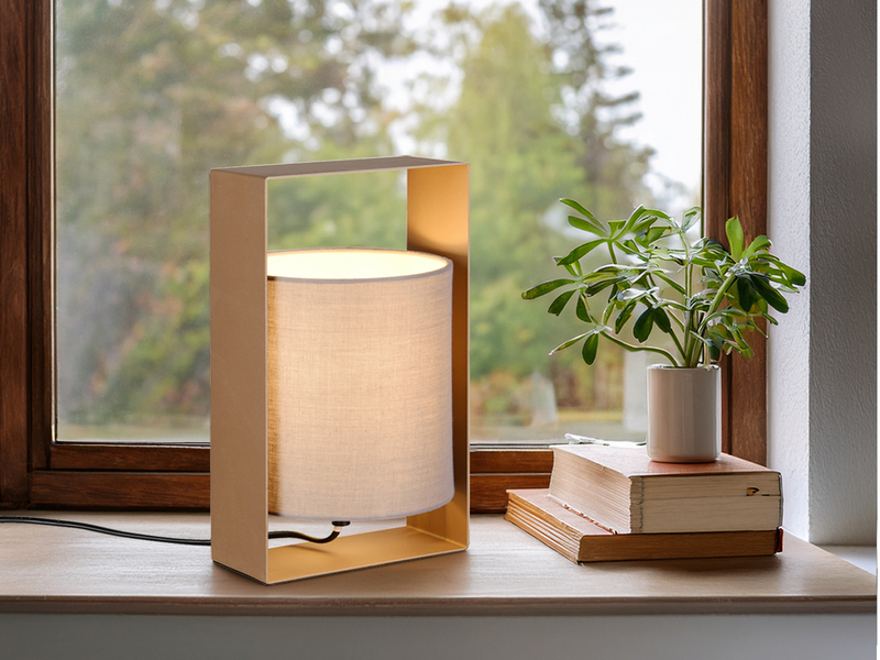 Moderne LED Tischlampe Metallrahmen Coffee, Stoffschirm Taupe, Höhe 27cm