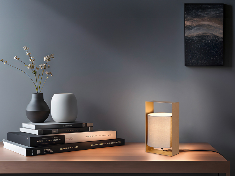 Moderne LED Tischlampe Metallrahmen Coffee, Stoffschirm Taupe, Höhe 27cm