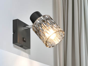 Wandstrahler JACK mit Schalter und Rauchglas Lampenschirm, Höhe 16cm