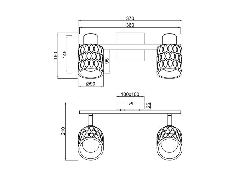 Deckenstrahler JACK 2-flammig mit Rauchglas Lampenschirmen, Breite 37cm
