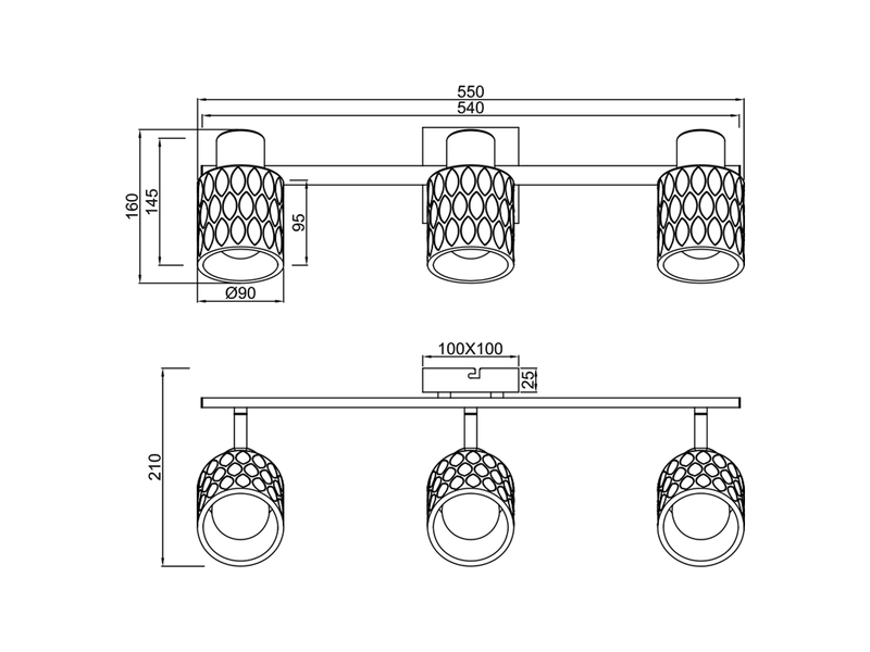 Deckenstrahler JACK 3-flammig mit Rauchglas Lampenschirmen, Breite 55cm