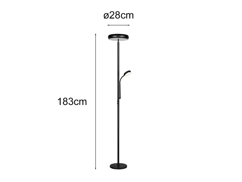 LED Deckenfluter PALERMO Höhe 183cm mit Leselampe und Fernbedienung, Schwarz