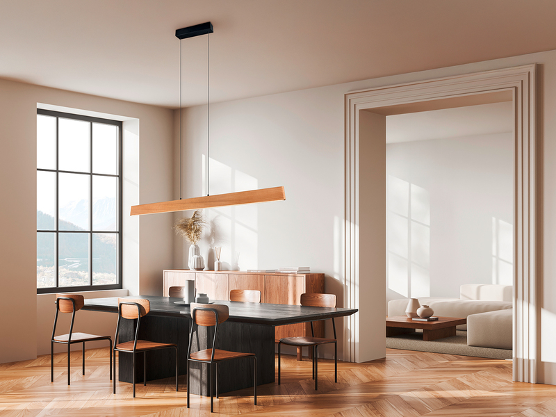 Große LED Pendelleuchte EDGEWOOD mit Holz, dimmbar & höhenverstellbar, B: 150cm