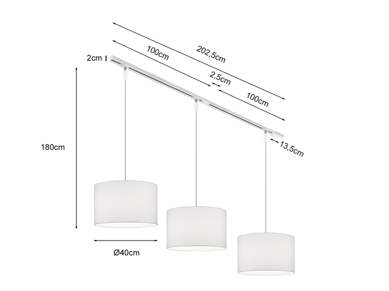 Lichtschienensystem mit 3x Stoff Pendel Weiß & Einspeisung 3-adrig Länge 202,5cm