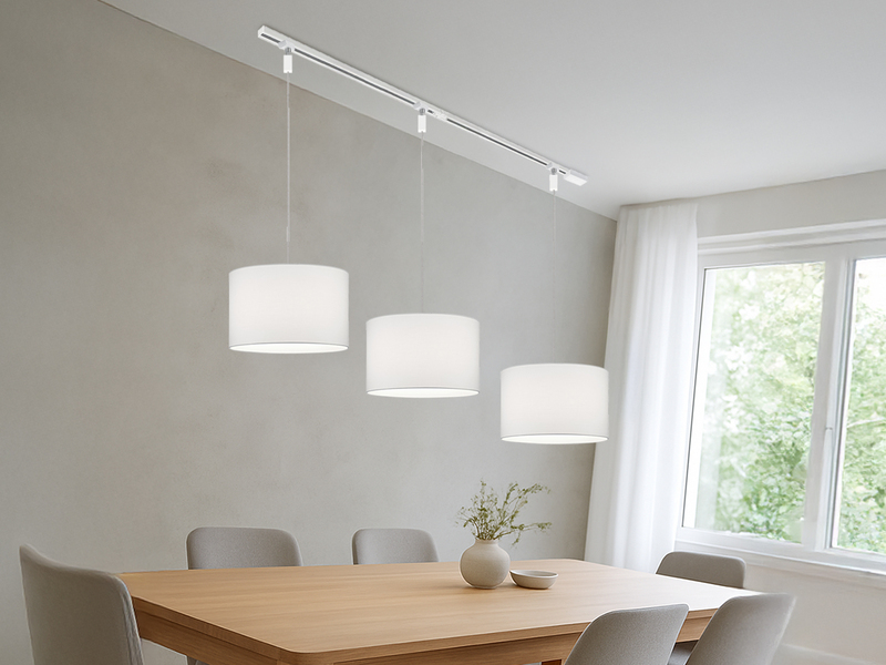 Lichtschienensystem mit 3x Stoff Pendel Weiß & Einspeisung 3-adrig Länge 202,5cm