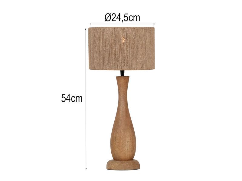 Große Tischleuchte TOBA aus Naturholz mit Lampenschirm aus Jute, Höhe 54cm