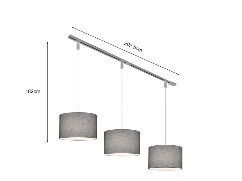 Lichtschienensystem mit 3x Stoff Pendel Grau & Einspeisung 3-adrig Länge 202,5cm