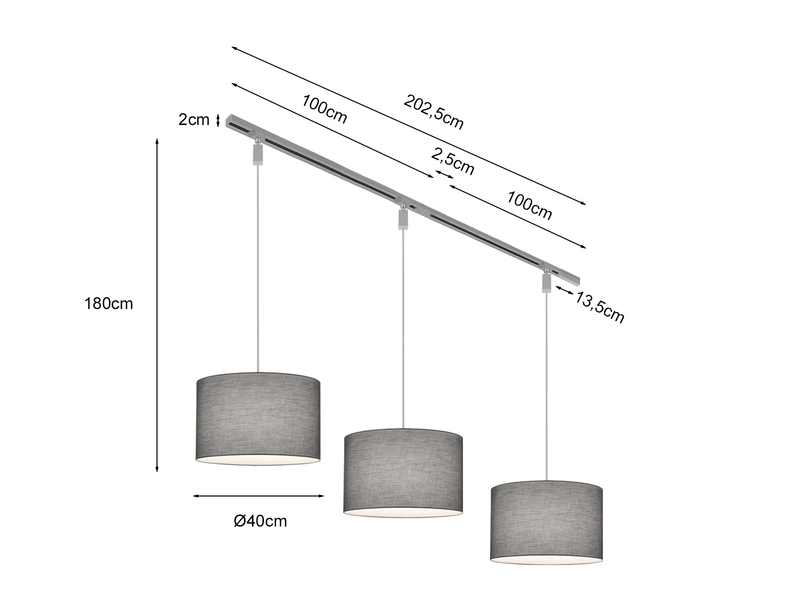 Lichtschienensystem mit 3x Stoff Pendel Grau & Einspeisung 4-adrig Länge 202,5cm