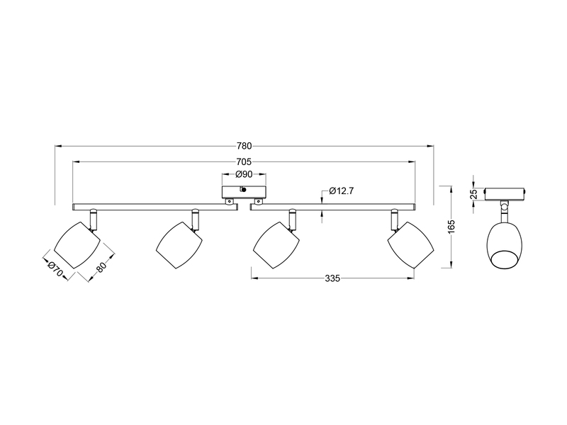 LED Deckenstrahler 4-flammig aus Metall Silber, Breite 70,5cm